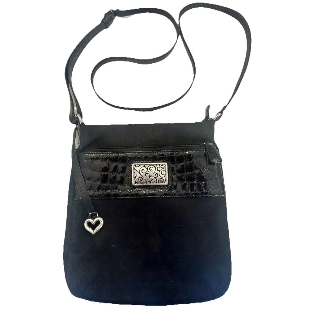 BRIGHTON Nylon & Patent Leather  Crossbody Vintage Y2K Heart Purse Black F127370